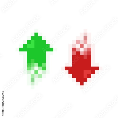 Pixel art increase and decrease arrows set red and green - isolated vector illustration