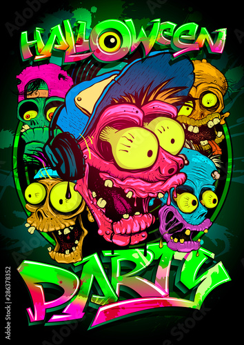 Halloween party poster with zombie crowd, hand drawn graphic banner