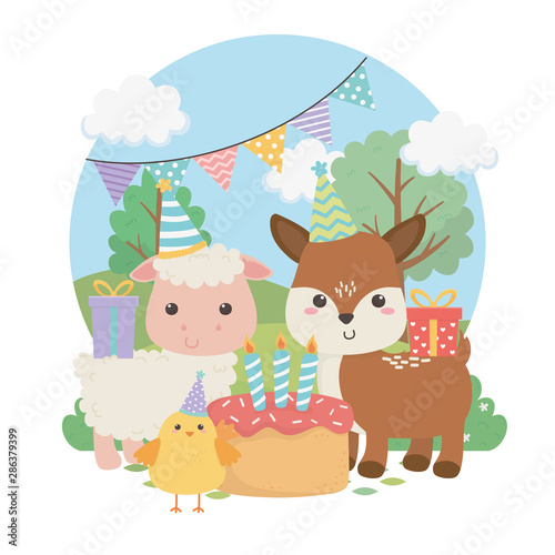 Fototapeta Naklejka Na Ścianę i Meble -  cute fawn and sheep in birthday party scene