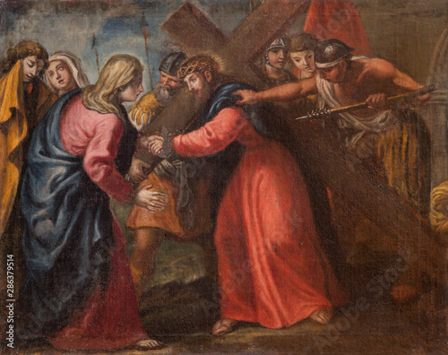 MALCESINE, ITALY - JUNE 13, 2019: The painting of Jesus meet his mother (part...