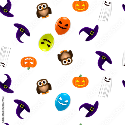 Halloween seamless Wallpaper with pumpkins, balls, owl, hat and Ghost, vector illustration