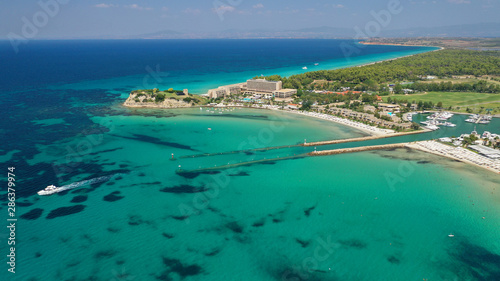 Aerial drone photo from iconic village of Sani with unique nature in North Kassandra peninsula, Halkidiki, North Greece