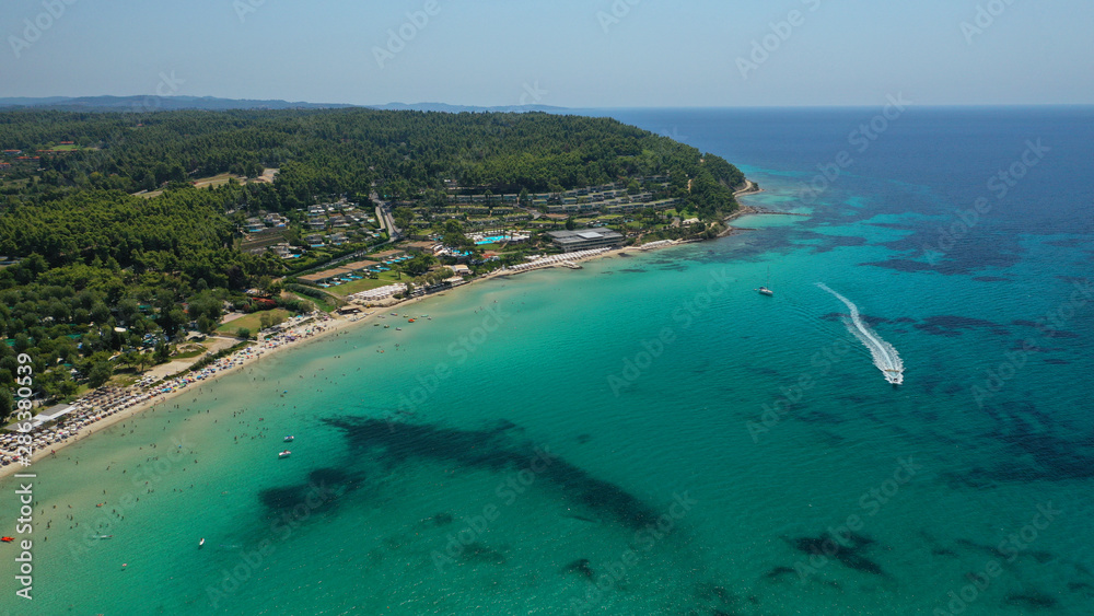 Aerial drone photo from iconic village of Sani with unique nature in North Kassandra peninsula, Halkidiki, North Greece