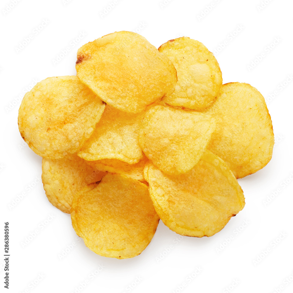 Delicious potato chips, upper view, isolated on white background Delicious potato chips, upper view, isolated on white background