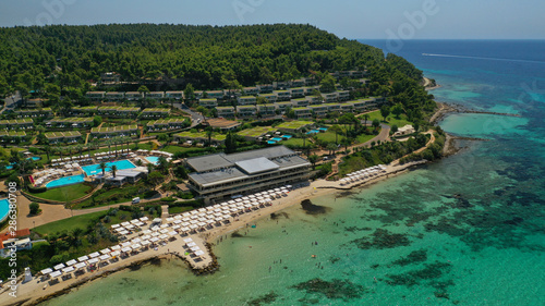 Aerial drone photo from iconic village of Sani with unique nature in North Kassandra peninsula, Halkidiki, North Greece