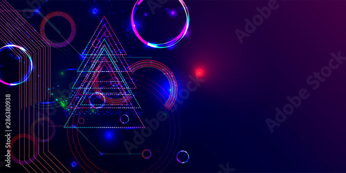 Neon techno christmas tree science space abstraction background. Cosmos blue dark retro futuristic 3d starry sky glowing galaxy and planets blue
