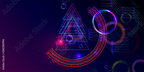 Neon techno christmas tree science space abstraction background. Cosmos blue dark retro futuristic 3d starry sky glowing galaxy and planets blue