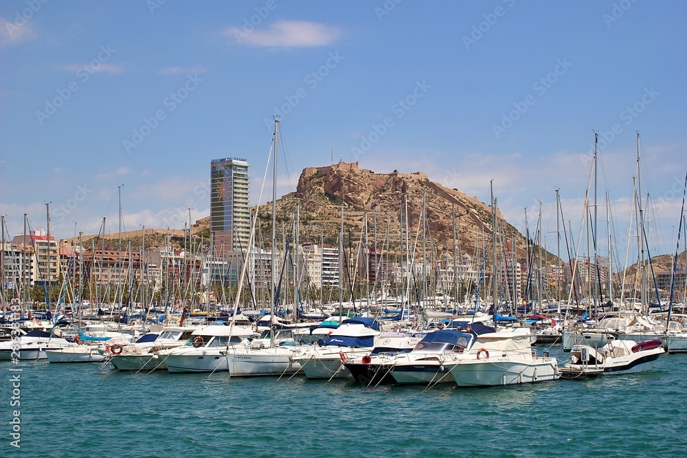 Typical view of the Castle of the city of Alicante from the marina 2019