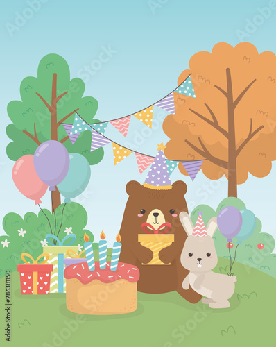 Fototapeta Naklejka Na Ścianę i Meble -  cute bear teddy and rabbit in birthday party scene