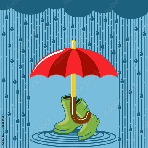 Red open umbrella and rubber boots on blue rain background. Flat design, vector.