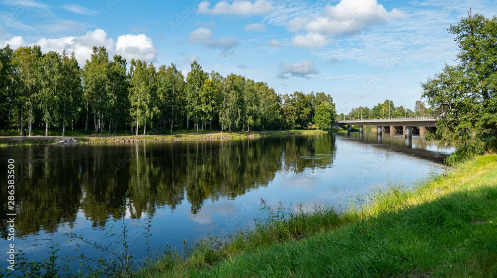 green nature in karlstad sweden, tree refection in the river sourrounded by green nature