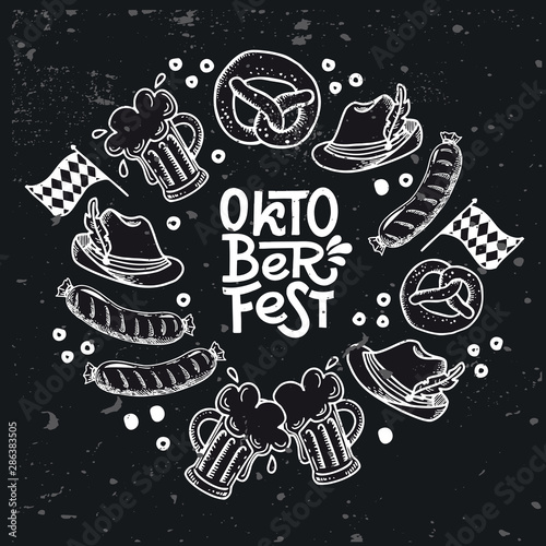 Set Oktoberfest hand drawn vector lettering. Phrase inside round frame drawing. Advertising inscription in  Border, beer mug, pretzel, sausage, Bavarian flag. Beer festival greeting card template.
