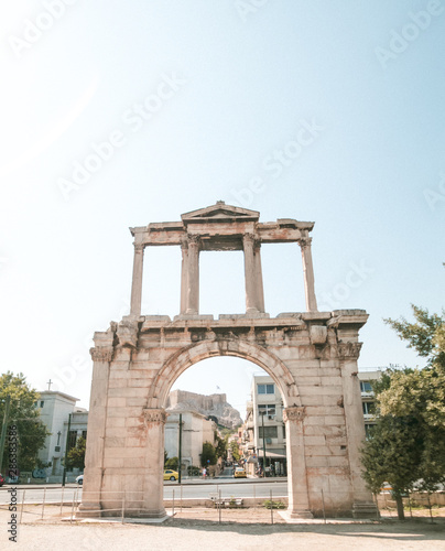 Arch of Hadrian or Hadrian's Gate monument with the Parthenon in the background, Athens, Greek