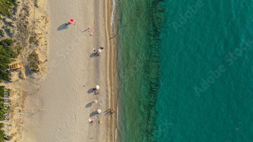 Aerial drone view of iconic Possidi sandy beach, paradise cape and Peninsula in Kassandra, Halkidiki, North Greece