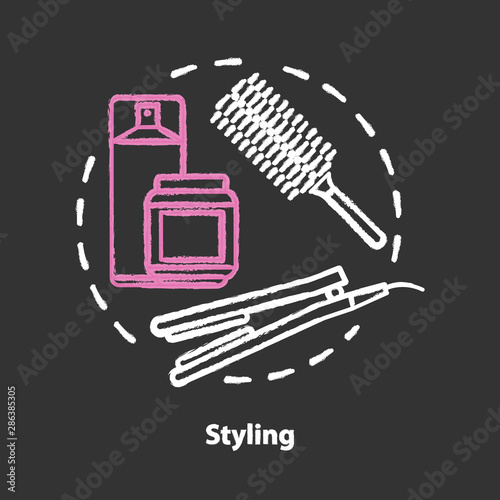 Hair styling chalk concept icon. Hair care products and electric equipment. Hairstyling and hairdo tools idea. Hairdresser salon, hairstylist parlor. Vector isolated chalkboard illustration