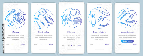 Beauty salon services blue onboarding mobile app page screen vector template. Makeup, hairdressing parlor. Walkthrough website steps with linear illustrations. UX, UI, GUI smartphone interface concept