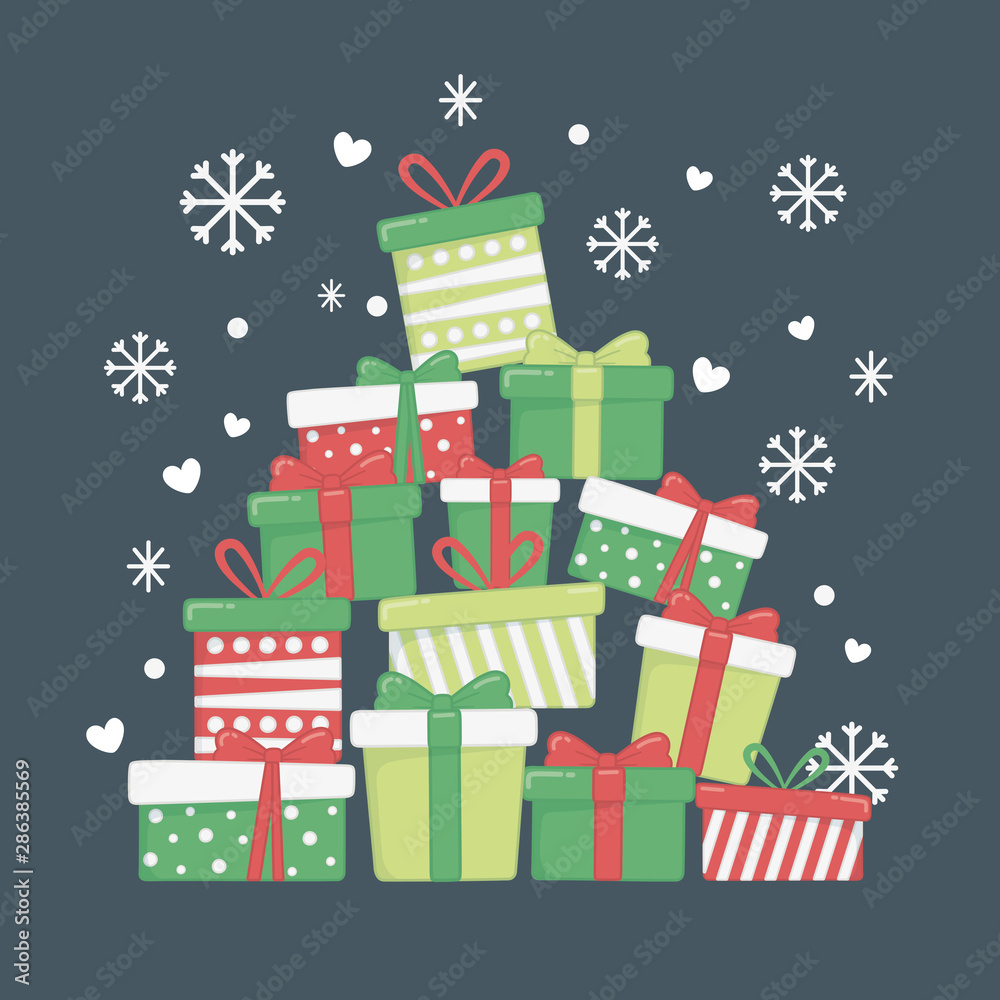 happy merry christmas card with gifts boxes