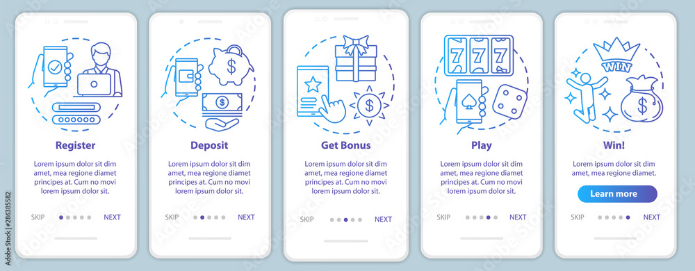 Online casino onboarding mobile app page screen with linear concepts. Register, deposit, get bonus, play and win. Walkthrough steps graphic instructions. UX, UI, GUI vector template with illustrations