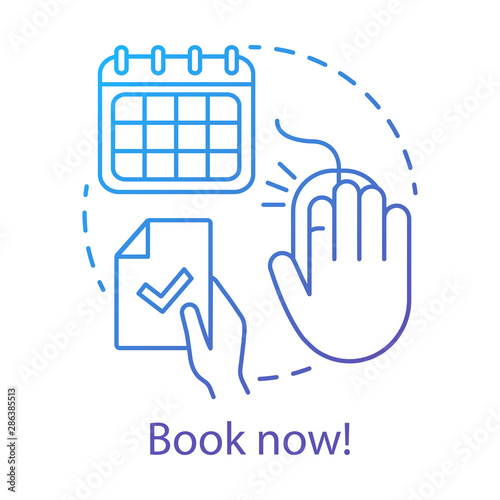 Book now concept icon. Holiday resort, interest club online booking website idea thin line illustration. Summer camp application, signup webpage. Vector isolated outline drawing. Editable stroke