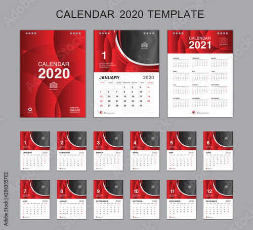 Set Desk Calendar 2020 Vector, Calendar 2021 Design, Week Start On Sunday, Planner, Stationery, Printing, vertical artwork, red concept