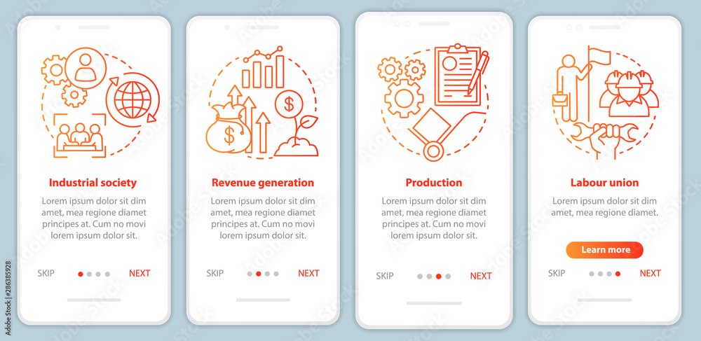 Production process red onboarding mobile app page screen vector template. Industrial society, labour union. Walkthrough website steps with linear icons. UX, UI, GUI smartphone interface concept Production process red onboarding mobile app page screen vector template. Industrial society, labour union. Walkthrough website steps with linear icons. UX, UI, GUI smartphone interface concept