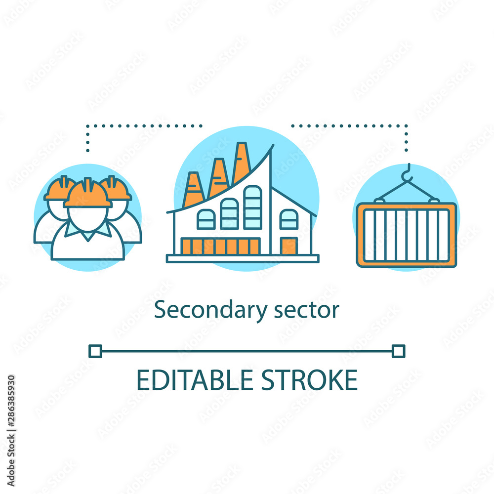 Secondary sector concept icon. Processing and manufacturing industry idea thin line illustration. Industrial sector. Heavy and light industry. Vector isolated outline drawing. Editable stroke
