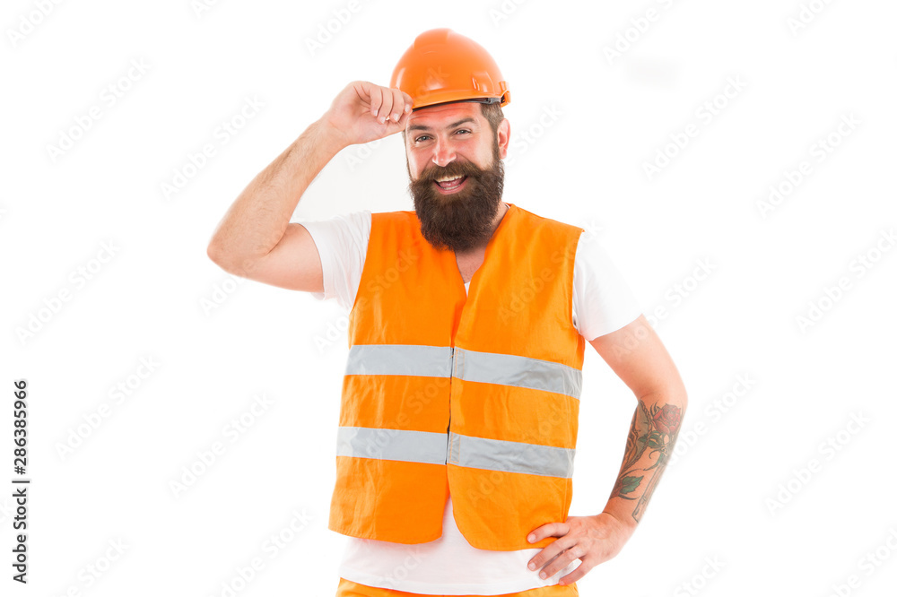Strong handsome builder. Creating solid foundation. Man protective hard hat and uniform white background. Worker builder confident and successful. Protective equipment concept. Builder enjoy success Strong handsome builder. Creating solid foundation. Man protective hard hat and uniform white background. Worker builder confident and successful. Protective equipment concept. Builder enjoy success