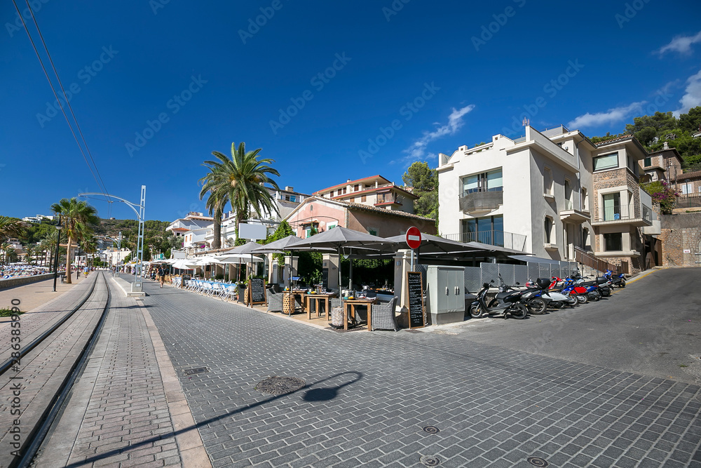 Street view in Port de Soller with tram way, Mallorca, Spain.
