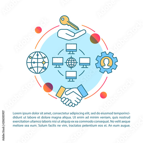 Offshoring article page vector template. Business partnership. Brochure, magazine, booklet design element with linear icons and text boxes. Print design. Concept illustrations with text space