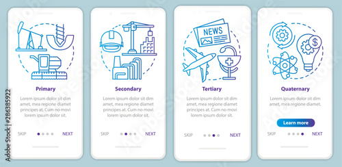 Manufacturing process blue onboarding mobile app page screen vector template. Primary, secondary, tertiary. Walkthrough website steps with linear icons. UX, UI, GUI smartphone interface concept