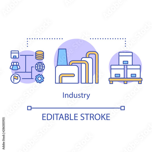 Industry concept icon. Industrial automation production idea thin line illustration. Enterprise factory. Product manufacturing process. Vector isolated outline drawing. Editable stroke