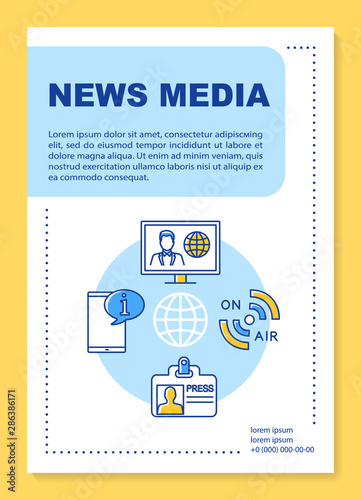 News media poster template layout. Telecommunication industry. Banner, booklet, leaflet print design with linear icons. Vector brochure page layouts for magazines, advertising flyers