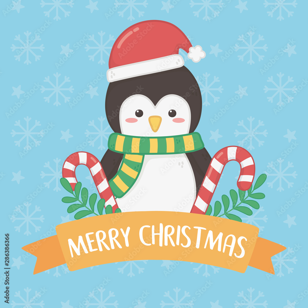 merry merry christmas card with penguin