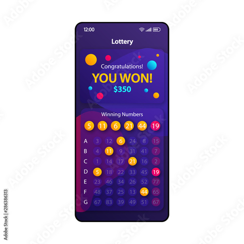 Lottery victory smartphone interface vector template. Mobile app page violet design layout. Winning numbers combination screen. Flat UI for application. Congratulations message phone display