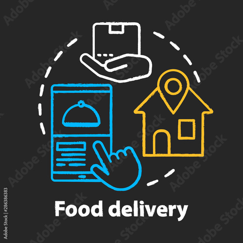 Food delivery chalk concept icon. Customer service, lunch ordering application idea. Online retail business, mobile shopping. Package, mobile app and home vector isolated chalkboard illustration