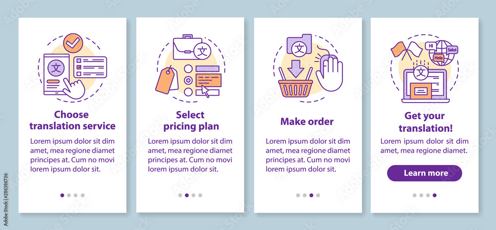 Translation service process onboarding mobile app page screen with linear concepts. Select pricing plan, make order walkthrough steps graphic instructions. UX, UI, GUI vector template with icons