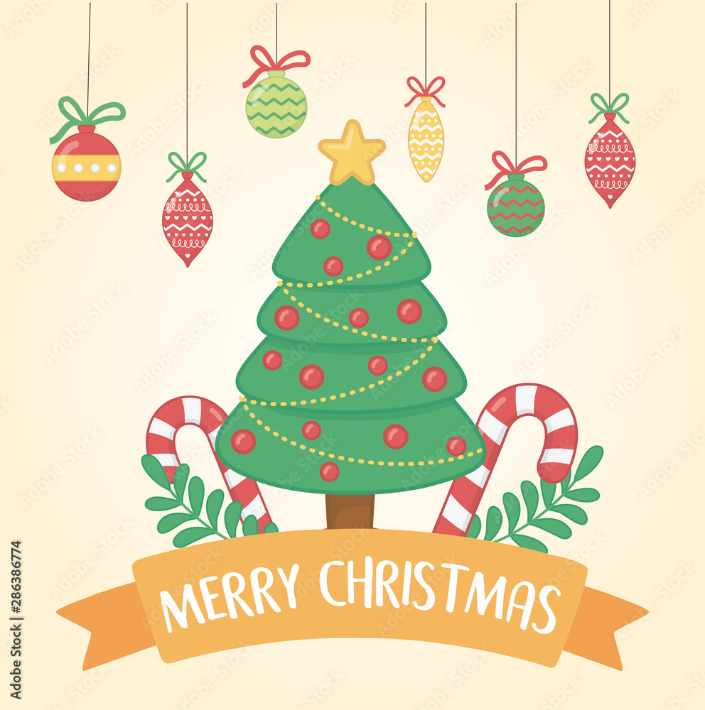 happy merry christmas card with pine tree - obrazy, fototapety, plakaty 