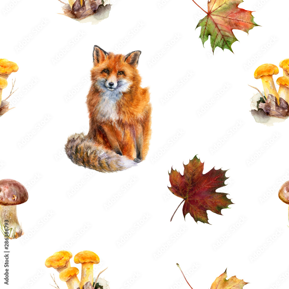 Fototapeta premium Watercolor hand drawn fox autumn leaf isolated seamless pattern.