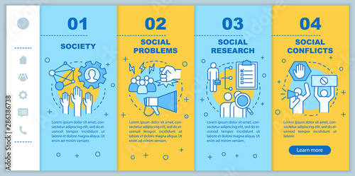 Sociology onboarding mobile web pages vector template. Society, social problems, conflicts. Responsive smartphone website interface idea with linear illustrations. Webpage walkthrough step screens