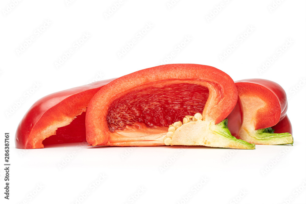Group of three slices of red bell pepper isolated on white background Group of three slices of red bell pepper isolated on white background
