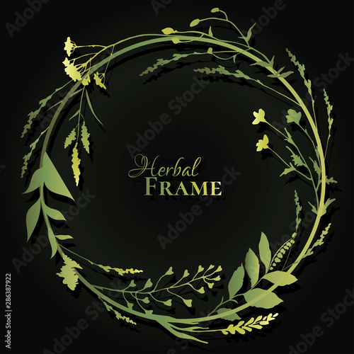 Round floral frame with green silhouettes of meadow herbs on black background. Decorative wreath. Wild grass. Vector illustration.