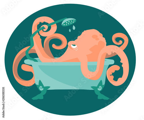 isolated vector illustration of salmon pink grumpy octopus with funny tentacles taking a shower in bathtub on dark green background. For kids design, washing and cleaning products, greeting cards