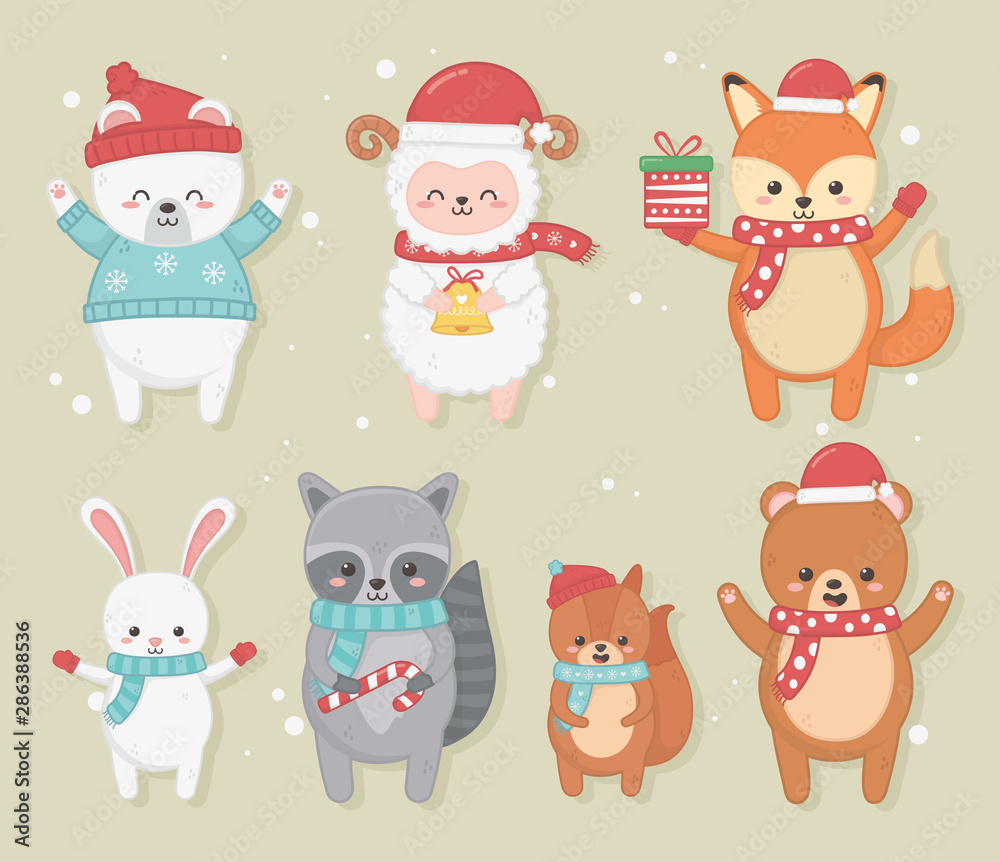 happy merry christmas card with group of animals happy merry christmas card with group of animals