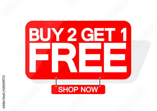 Buy 2 Get 1 Free, sale banner design template, discount tag, great offer, vector illustration