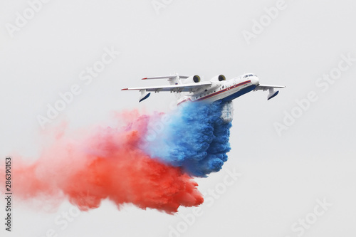 ZHUKOVSKY - 28 AUGUST: Russian jet Be-200 amphibia shows demonstration flight at Moscow salon MAKS2019 on August 28, 2019 in Zhukovsky, Russia. photo