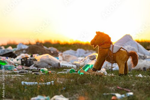 A pile of garbage in the middle of a meadow and a horse toy, during sunset.