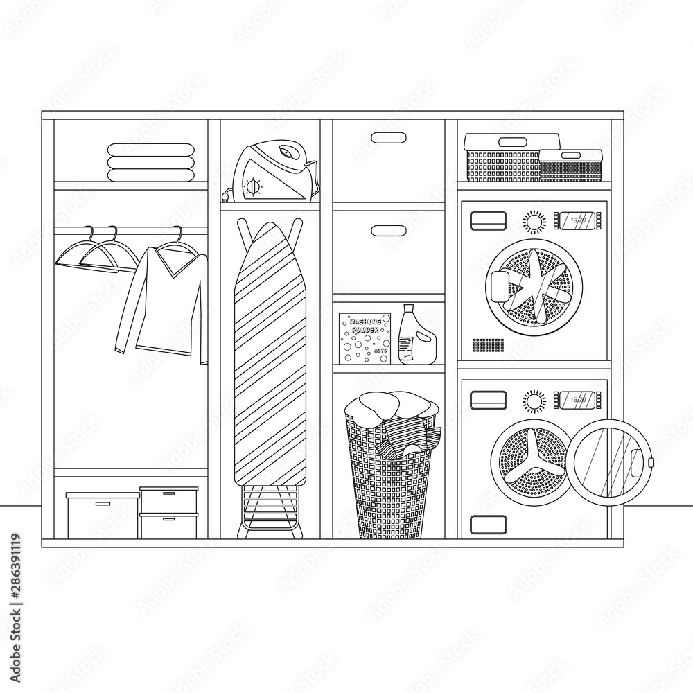 Vector Linear Sketch of Laundry Interior Room. Contour Illustration of