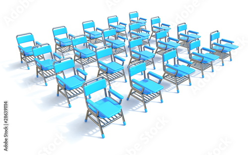 Group of twenty blue student chairs 3D render perspective