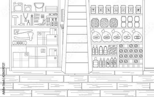 Vector Illustration of Storeroom in Outline Style. Working Place with Tools in Left Side and Canned Food and Wine in Other Side. Linear Sketch of Cellar Interior Room. Concept Design of Basement