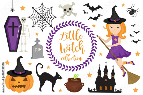 Cute little witch halloween set objects. Collection design element with pumpkin, witch hat, spider, skull, coffin, bat. Kids baby clip art funny smiling character. Vector iillustration.